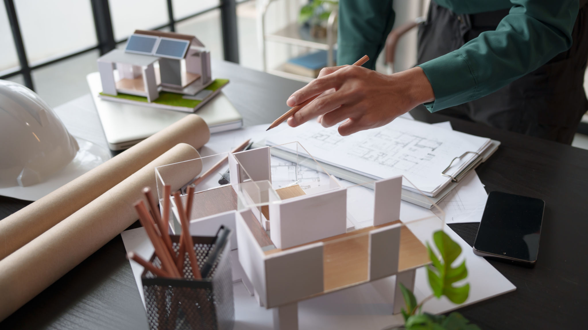 Green Eco Architecture Man drawing on architectural Creative project business architecture ecosystem building construction Industrial engineering Design on eco blueprint